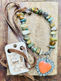 Orange Metal Heart Pendant & Turquoise Necklace - With Jewels